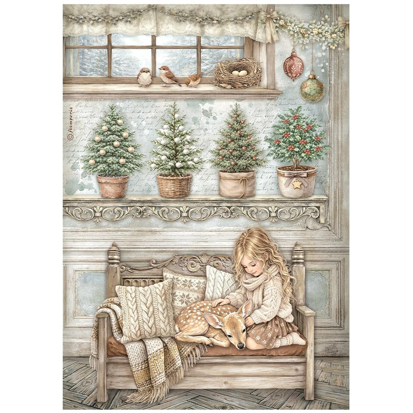 White Christmas Little Girl and a Fawn