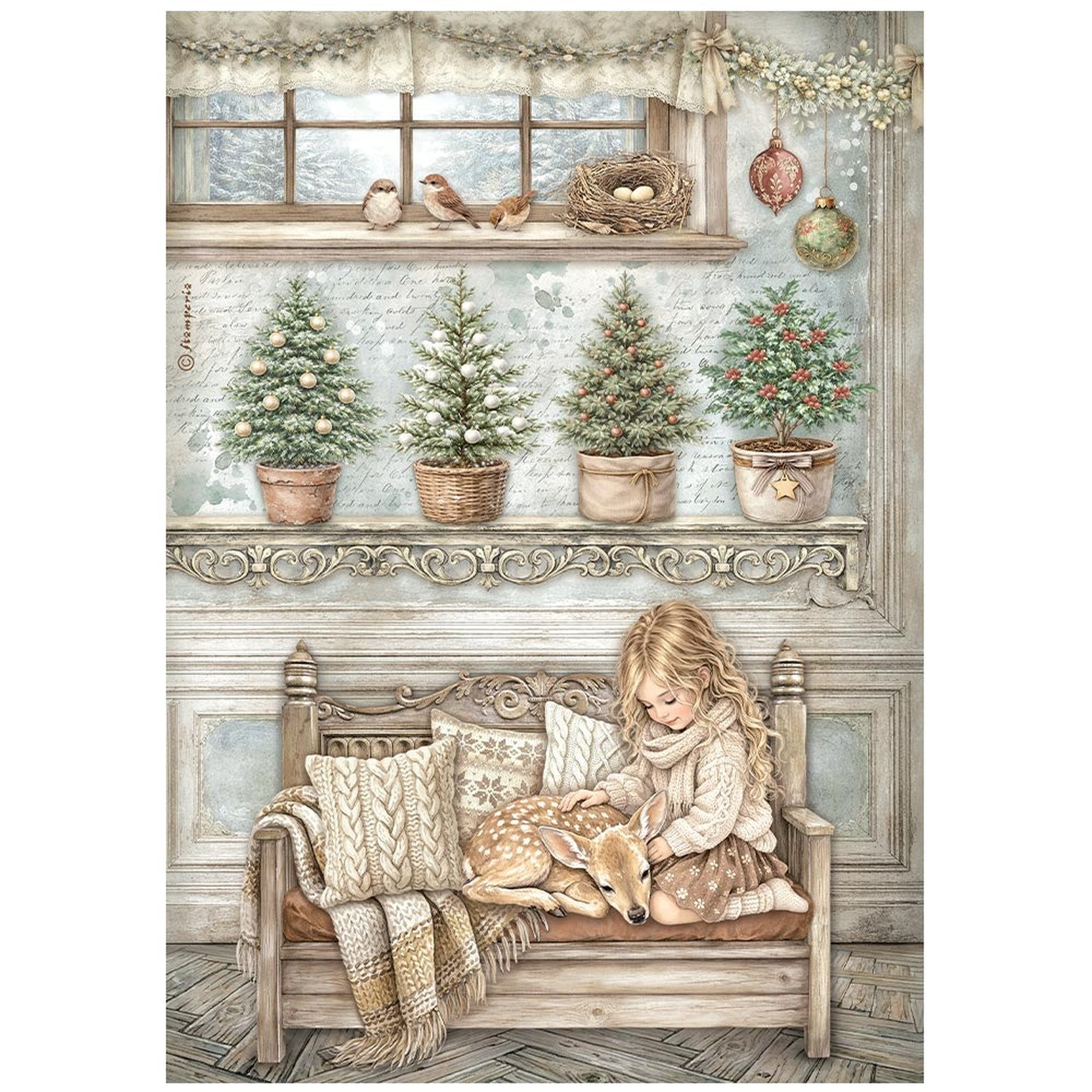 White Christmas Little Girl and a Fawn
