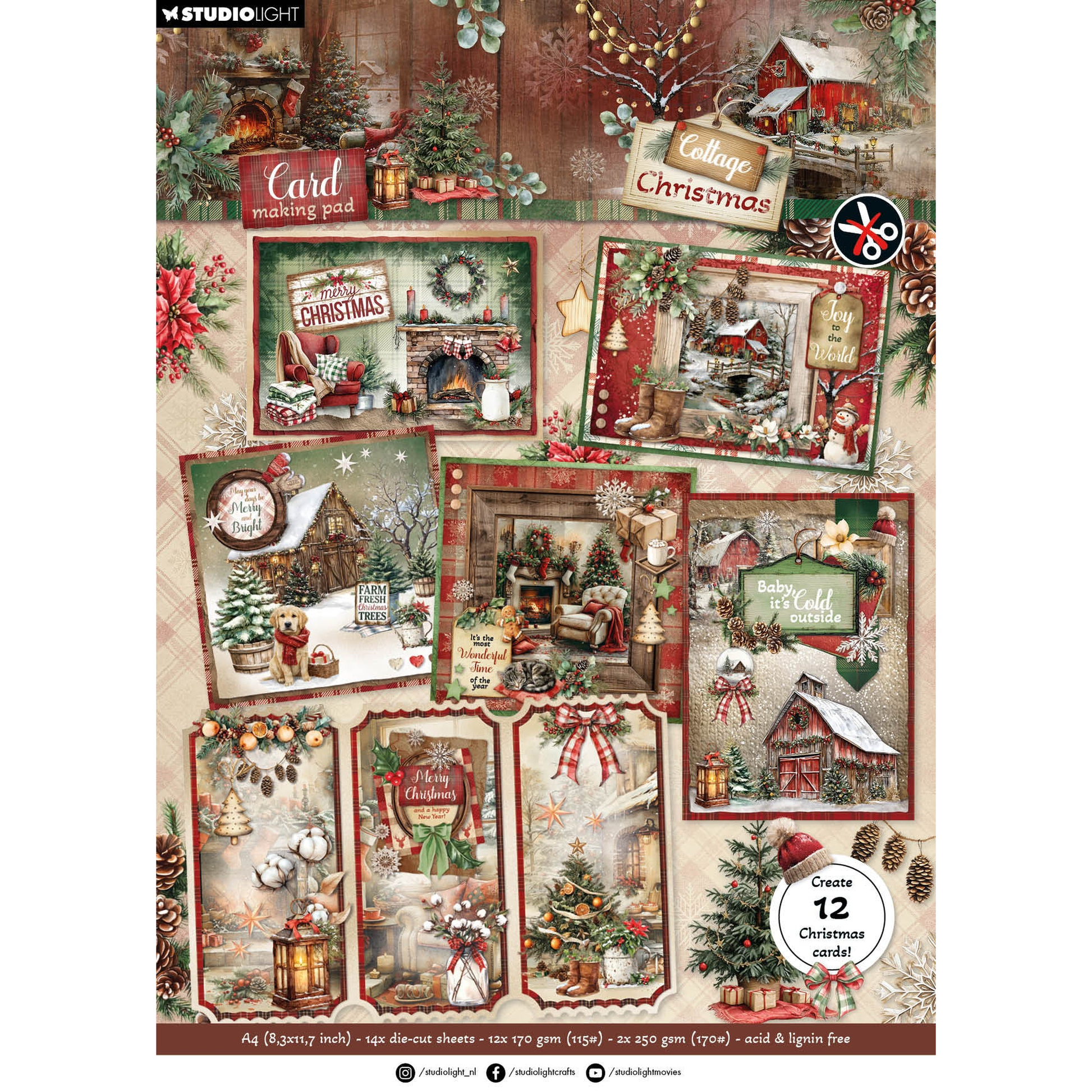 Cottage Christmas Card Making Pad for Creating 12 Cards