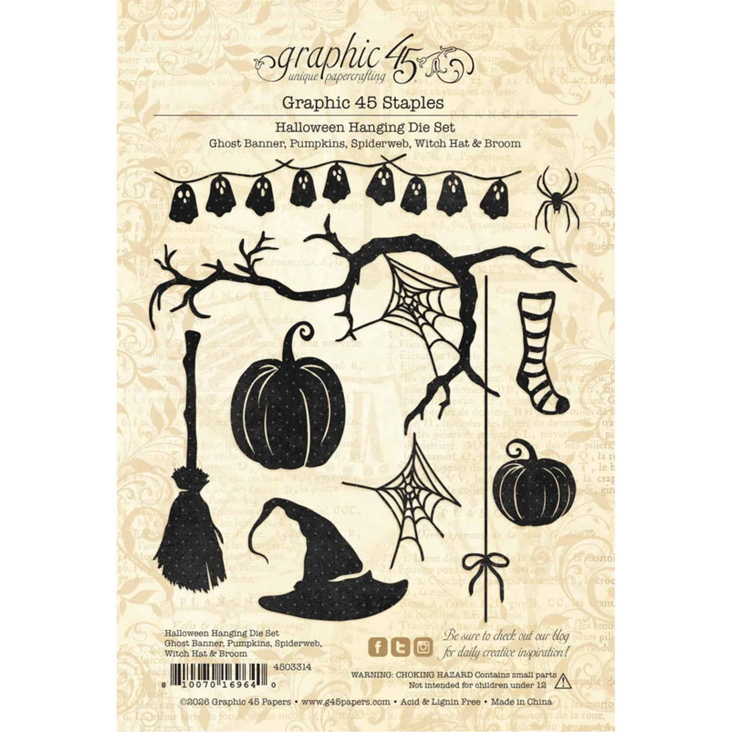 Halloween Hanging Ghost Banner, Pumpkins, Spiderweb, Witch Hat & Broom